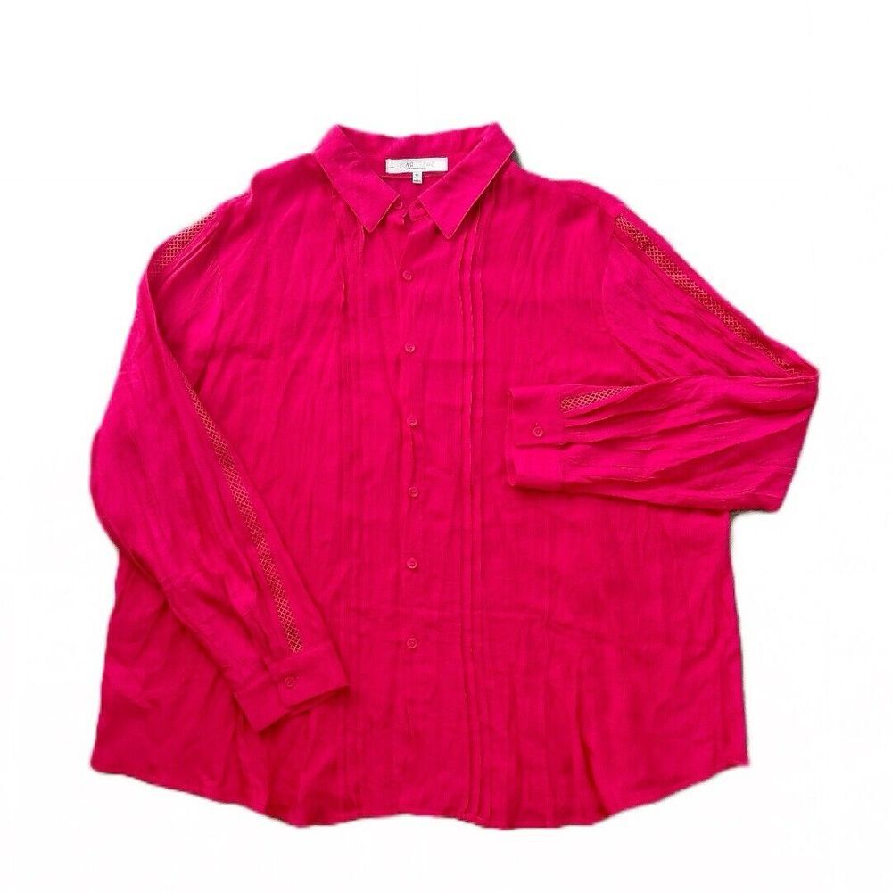 Sweet Rain Women's Pleated Embroidered Long Sleeve Button Down Blouse Fuchsia 3X - Picture 4 of 8